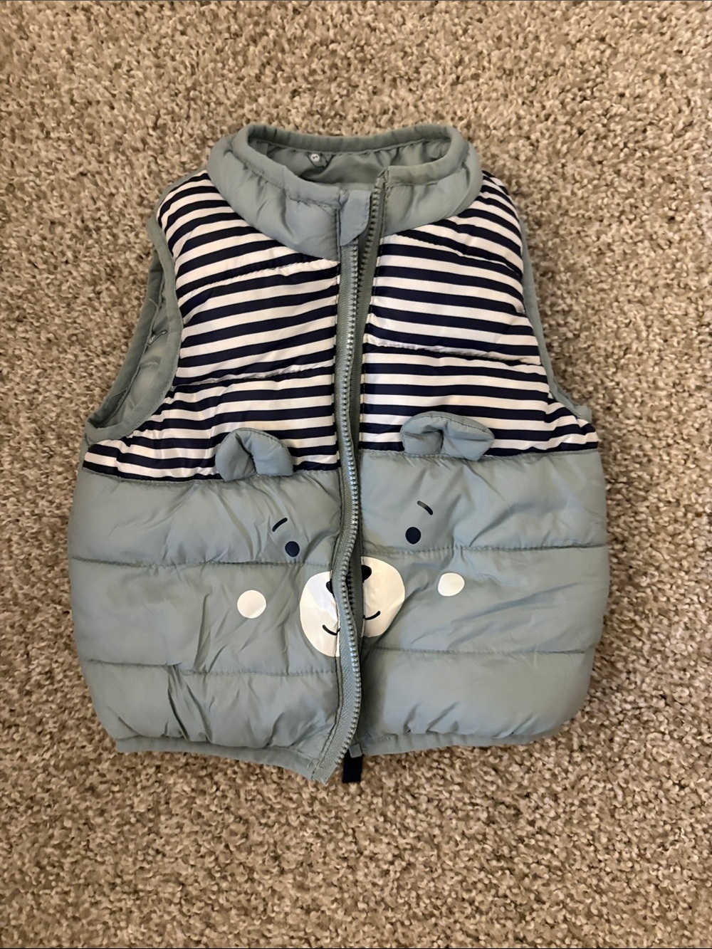 Toddler Puffer Reversible Vest with Bear Face - Light Blue & Navy Stripes